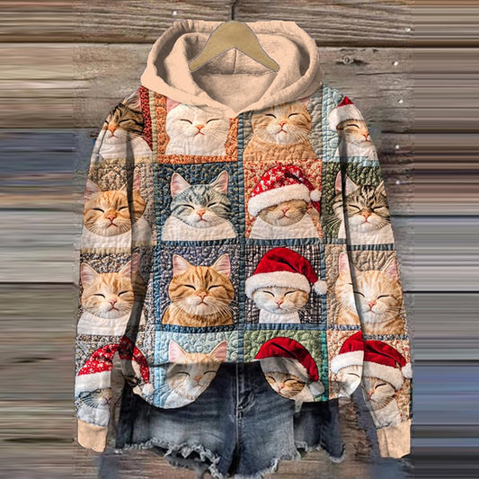 Christmas Cat Print Long Sleeve Casual Hoodie elevenforest