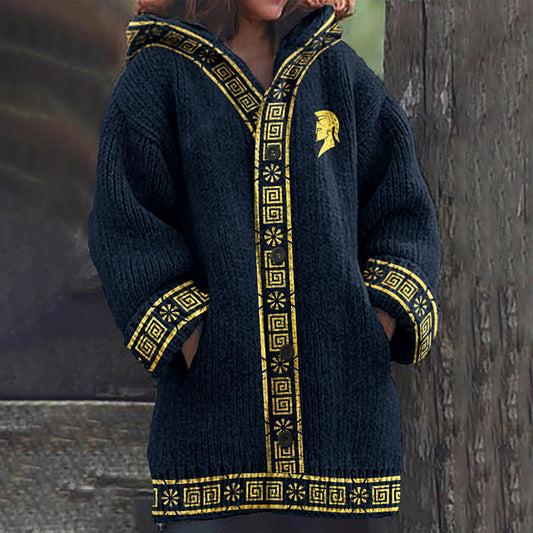 Women's Ancient Greek Mythology Jacquard Knit Comfort Hooded Cardigan artswardrobe