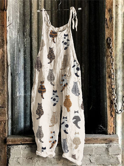 Cute Cats Embroidery Pattern Linen Blend Casual Jumpsuit elevenforest