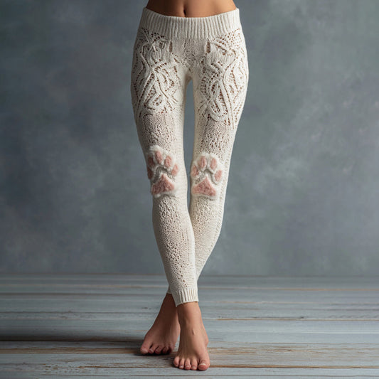 Women's Cute Cat Cat Paw Embroidered Cozy Casual Leggings elevenforest
