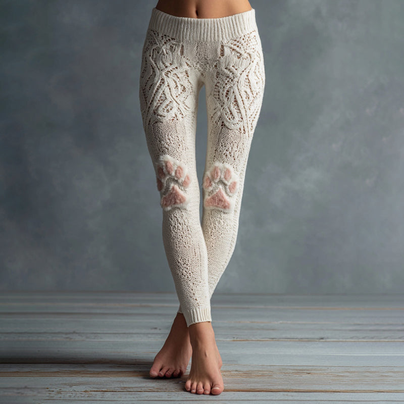Women's Cute Cat Cat Paw Embroidered Cozy Casual Leggings elevenforest