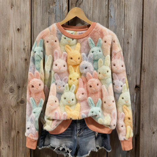 Comstylish Cute Pastel Fluffy Rabbits Pattern Cozy Plush Sweatshirt