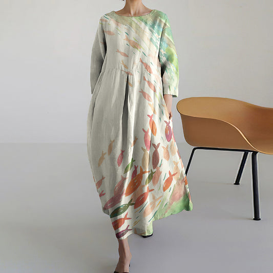 Comstylish Fish Print Crew Neck Casual Midi Dress