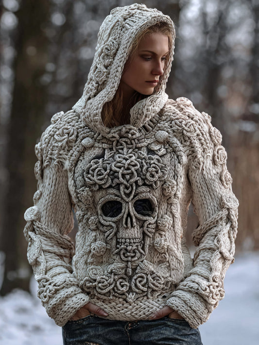 Women's Viking Skull Knitted Hooded Sweater elevenforest