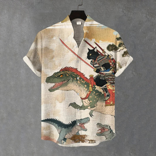Men's Warrior Cats Fight Dinosaurs Art Print Casual Shirt elevenforest