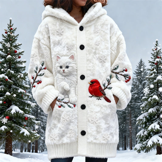 Christmas Cat & Bird Women's Hooded Flannel Cardigan elevenforest