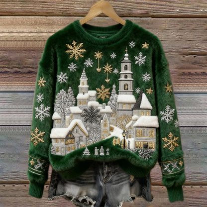 Christmas Snow Scene Embroidery Women's Cozy Plush Sweater artswardrobe