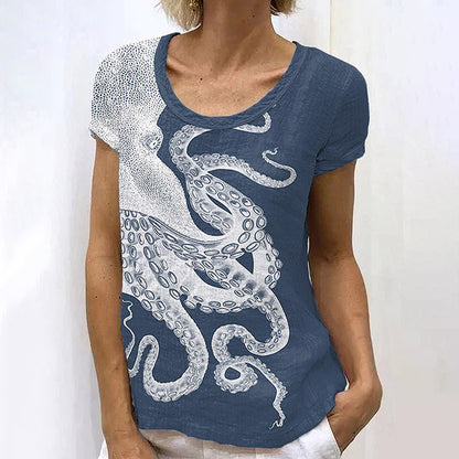 Comstylish Japanese Art Octopus Print Short Sleeve T-Shirt