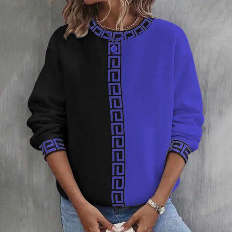 Comstylish Greek Key Pattern Contrast Color Round Neck Casual Sweatshirt