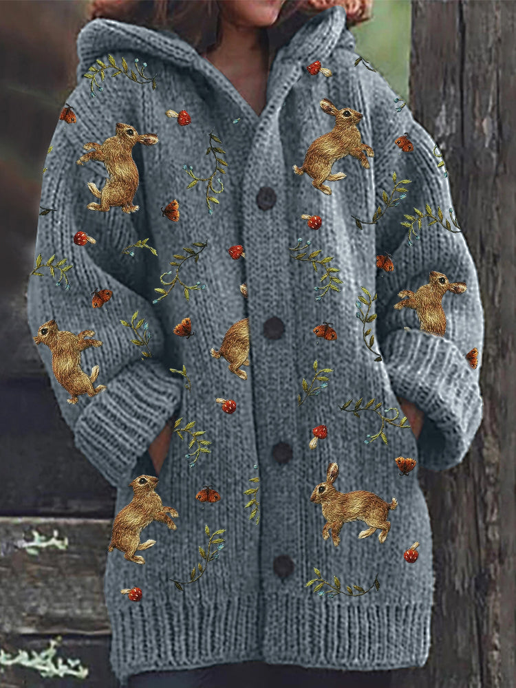 Forest Hare Floral Embroidery Pattern Cozy Hooded Cardigan artswardrobe