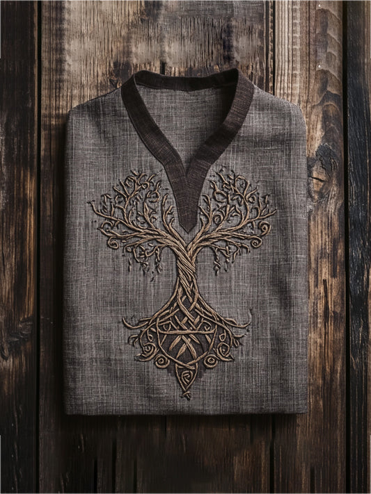 Men's Viking Life Of Tree Celtic Knot Art Linen V-neck T-shirt artswardrobe