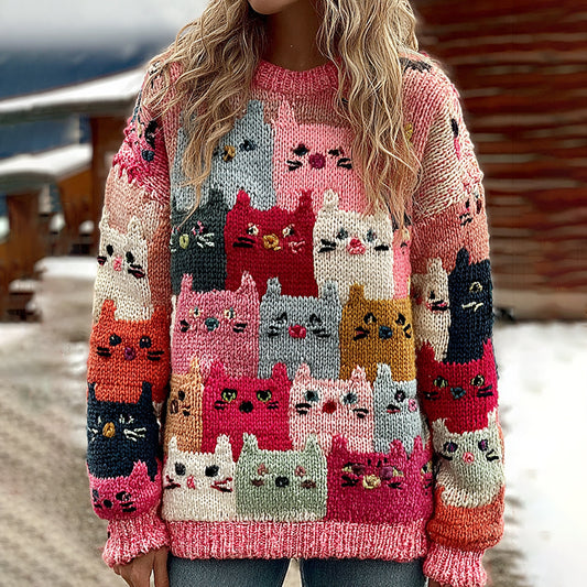 Colorful Winter Cats Pattern Art Cozy  Knit Sweater elevenforest