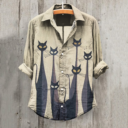 Art Cat Print Lapel Long Sleeve Casual Shirt elevenforest