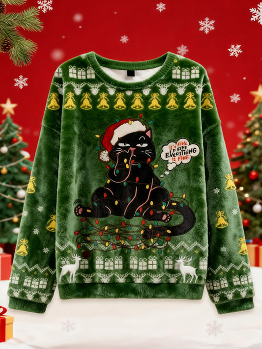 Naughty Black Cat Christmas Ugly Flannel Sweater elevenforest