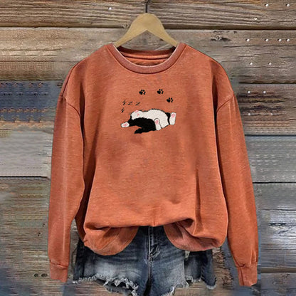Comstylish Funny Sleeping Cat Embroidered Print Sweatshirt