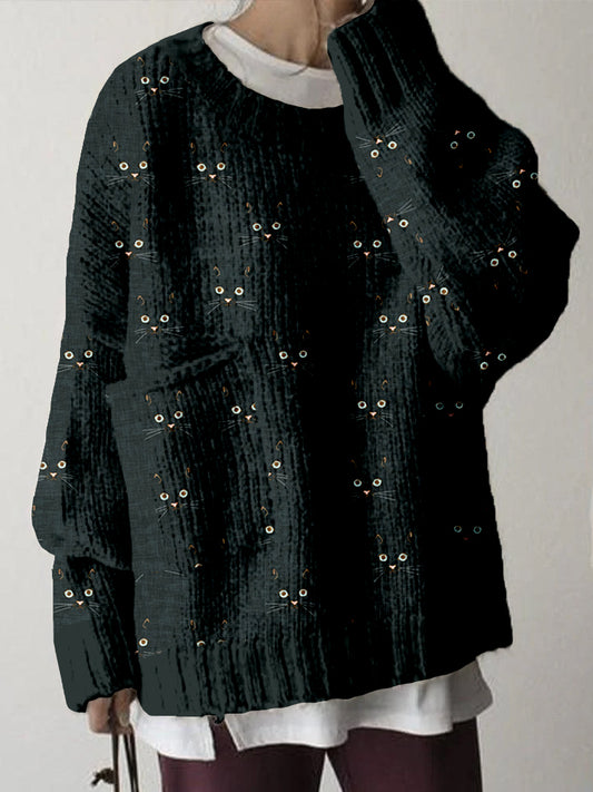 Cute Cat Face Pattern Big Pocket Cozy Sweater elevenforest
