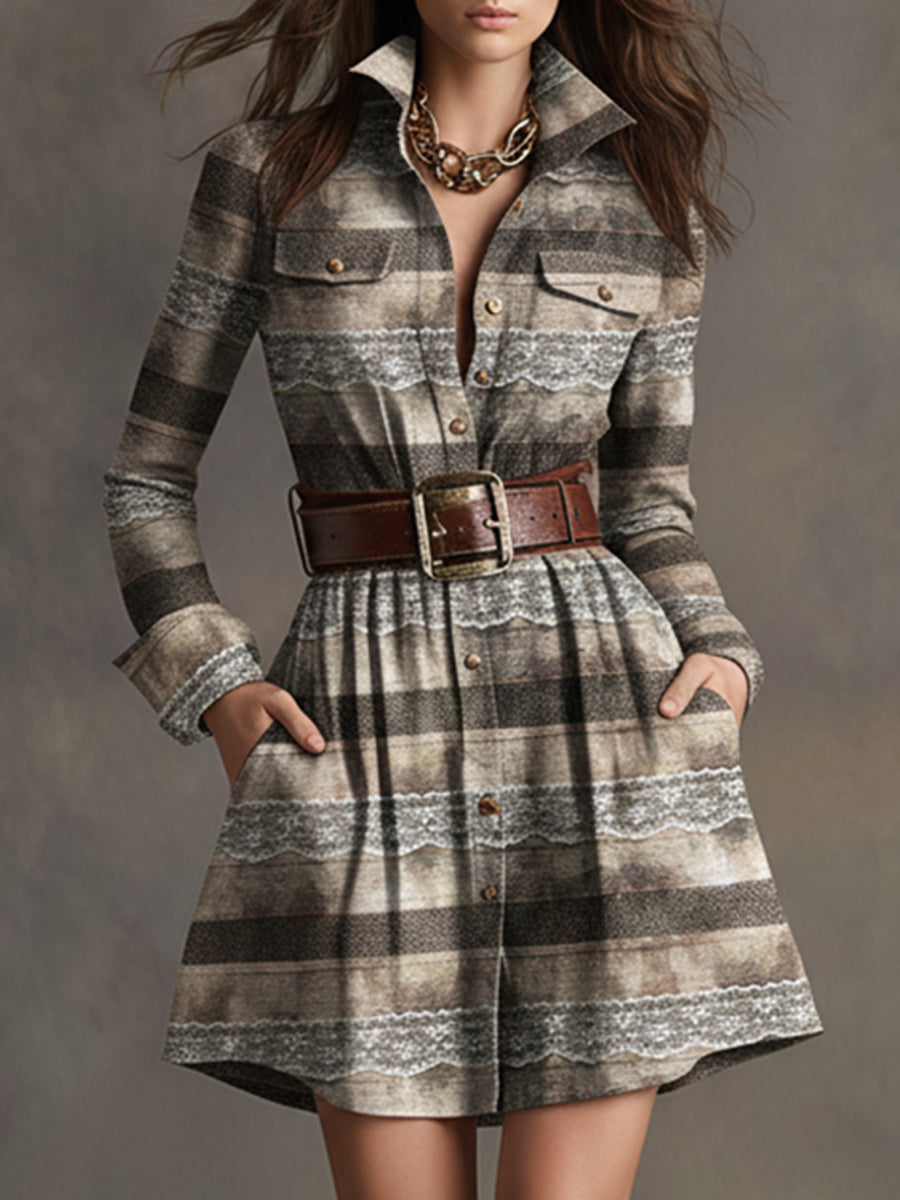 Vintage Ethnic Style Distressed Khaki Lace Fabric Lapel Mini Dress