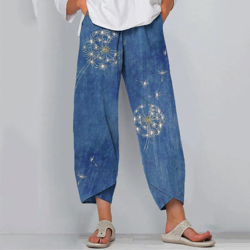 Comstylish Retro Japanese Traditional Sashiko Dandelion Art Pattern Cropped Casual Pants