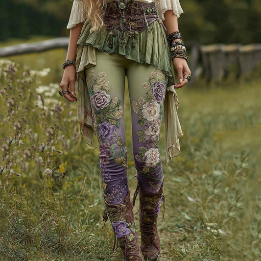Vintage Purple Lavender And Floral Embroidered Casual Leggings