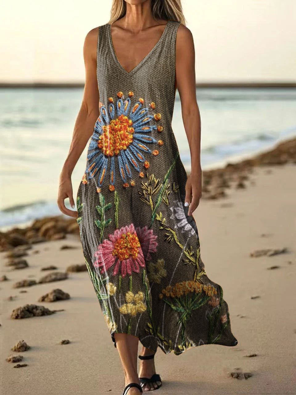 Women's Floral Art Print Pocket Cotton Dresses