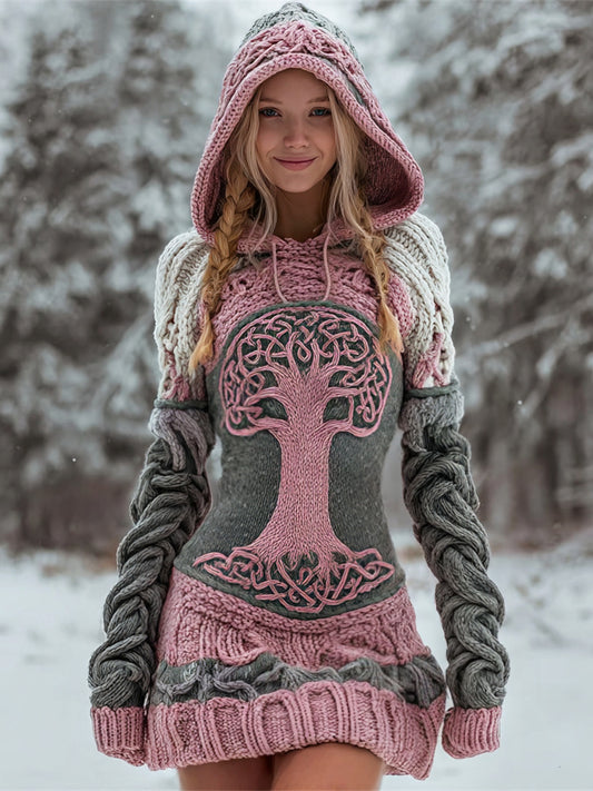 Viking World Tree Art Women's Knit Hooded Mini Dress artswardrobe