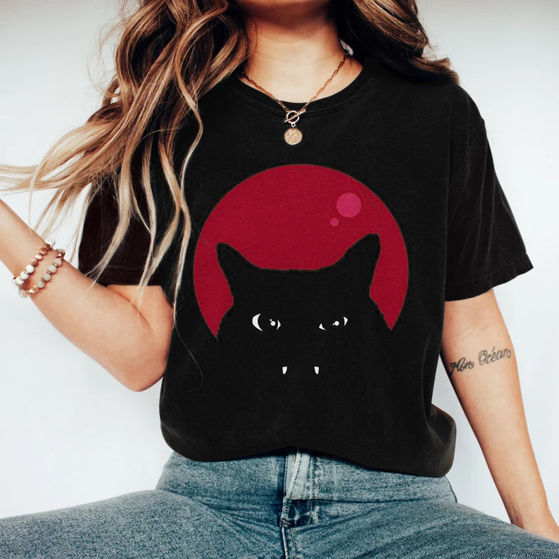 Abstract Creative Sunset Black Cat Painting Art T-Shirt elevenforest