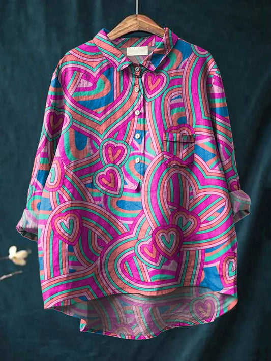 Abstract Heart Pattern Printed Women's Casual Cotton And Linen Shirt
