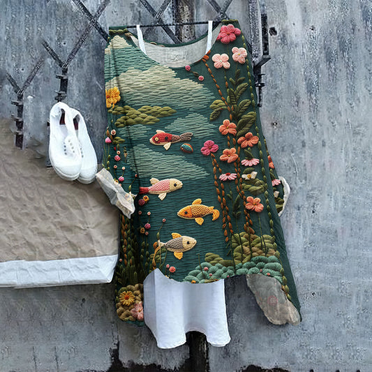 Vintage Flower And Fish Loose Linen Cozy Shirt Tunic Top artswardrobe