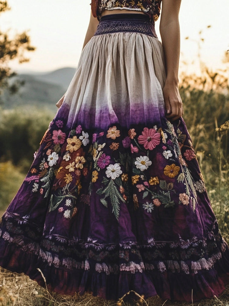 Women's Floral Embroidery Purple Gradient Cotton Flowing Half Elastic Skirt artswardrobe