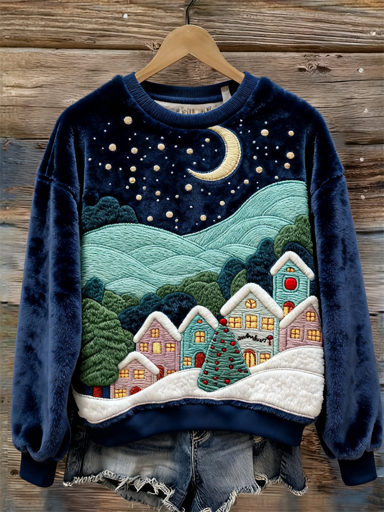 Christmas Snowy Silent Night Landscape Cozy Plush Sweatshirt