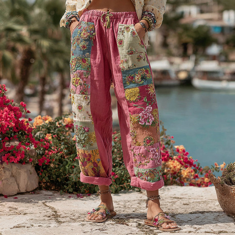 Women's Bohemian Floral Embroidery Art Contrast Color Linen Blend Casual Pants artswardrobe