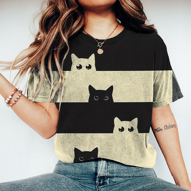 Abstract Creative Big Eyed Cats Contrast Color Art Print Cotton Graphic T-shirt elevenforest