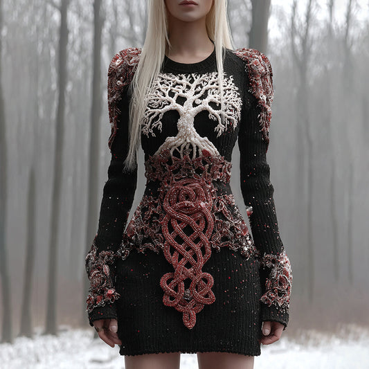 Women's Viking Celtic Knot Tree Of Life Artistic Chunky Knit Mini Skirt artswardrobe