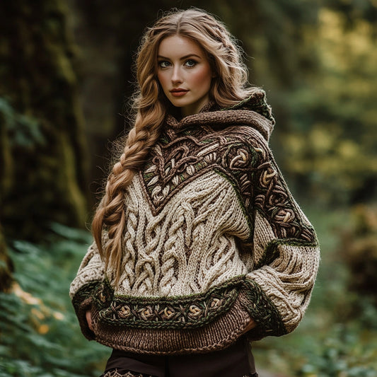 Women's Vintage Celtic Knotted Contrast Color Hooded Sweater elevenforest
