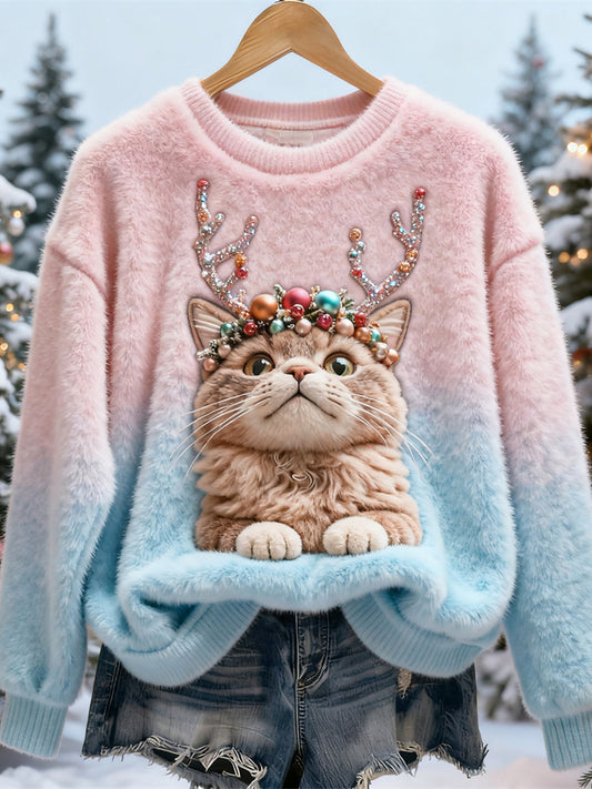 Christmas Antler Cat Design Women's Flannel Sweater elevenforest