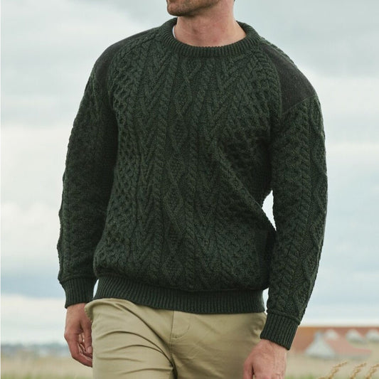 Men'S Retro Patchwork Jacquard Knitting Crew Neck Aran Sweater artswardrobe