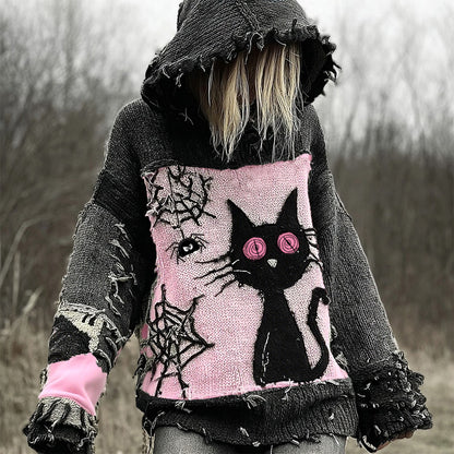 Halloween Scared Black Cat Patchwork Stitched Cozy Knit Hooded artswardrobe