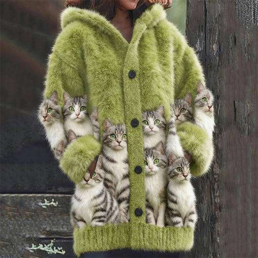 Lovely Fuzzy American Shorthair Cats Cozy Knit Hooded Cardigan elevenforest
