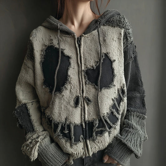 Halloween Spooky Smiley Face Knitted Warm Hooded Zip-up Sweater elevenforest