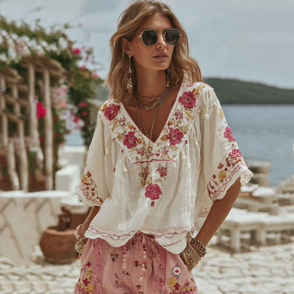 Women's Vintage Floral Art Linen Comfy Shirt artswardrobe