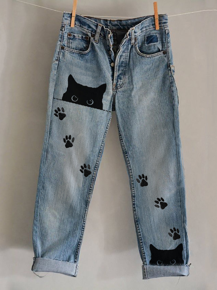 Peeking Black Cats Paw Prints Washed Jeans elevenforest