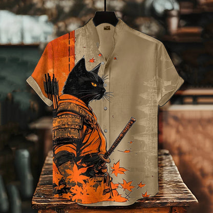 Men's Black Cat Warrior And Maple Leaf Temple Print Casual Shirt elevenforest
