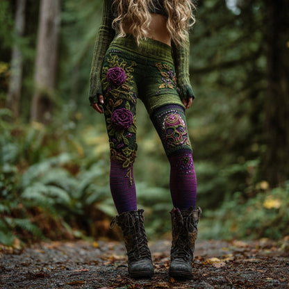 Women's Vintage Skull And Rose Patchwork Comfortable Leggings artswardrobe