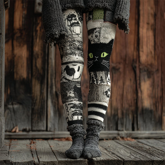 Halloween Black Cat Inspired Patchwork Cozy Knit Leggings elevenforest