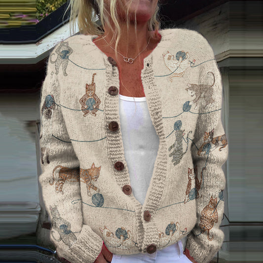 Vintage Playful Cats Pattern Cozy Knit Sweater elevenforest