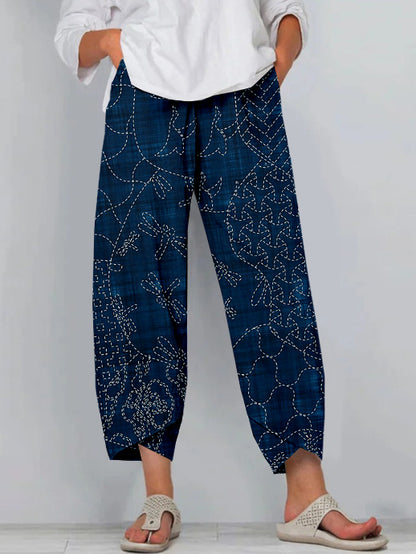 Comstylish Vintage Japanese Sashiko Art Linen Blend Cropped Casual Pants
