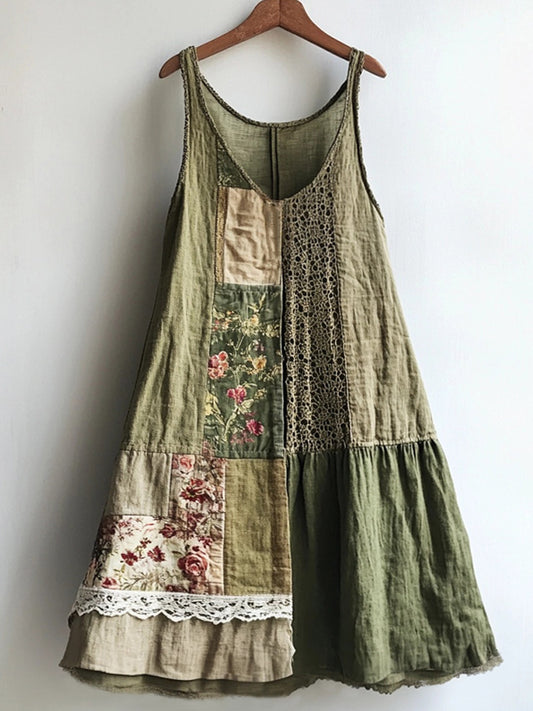 Vintage Floral Pattern Linen Blend Lace Patchwork Dress artswardrobe