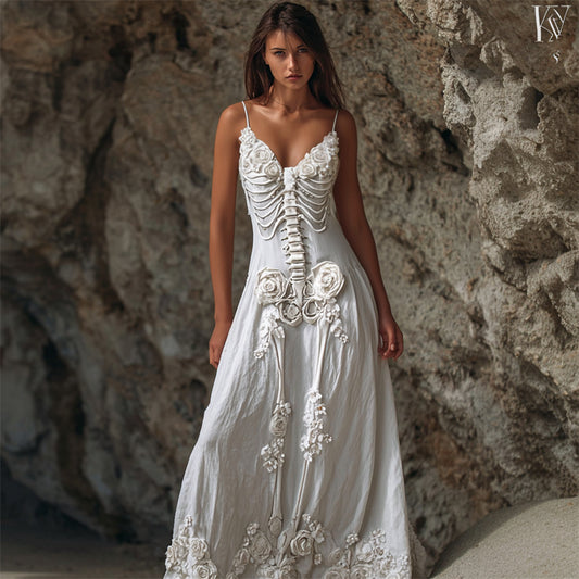 Comstylish Vintage Skeleton White Roses Linen Cami Maxi Dress