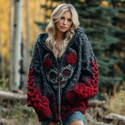 Women's Vintage Viking Celtic Skull Gradient Chunky Knit Zip-up Hooded Sweater elevenforest