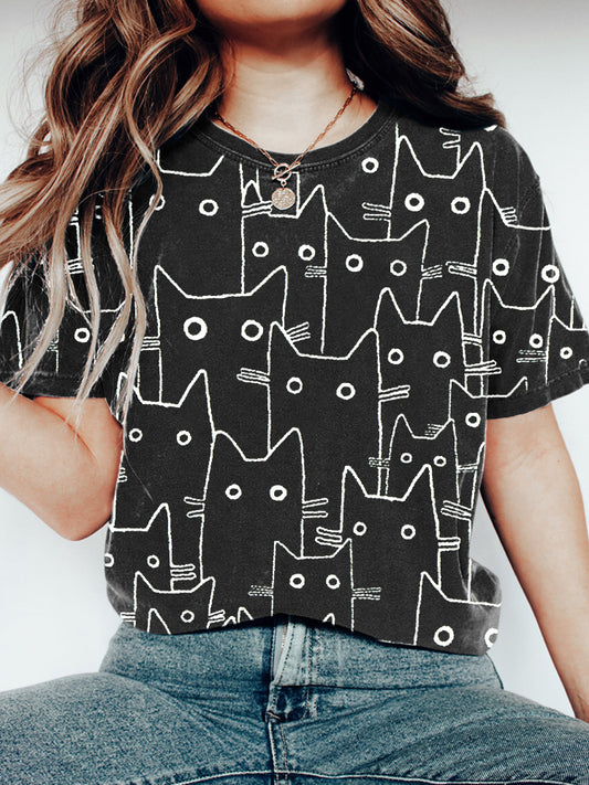 Cute Black & White Line Cat Print Short Sleeve T-Shirt elevenforest